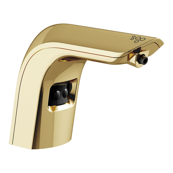 A Sloan polished brass deck mount sensor foam soap dispenser with a black touch control.