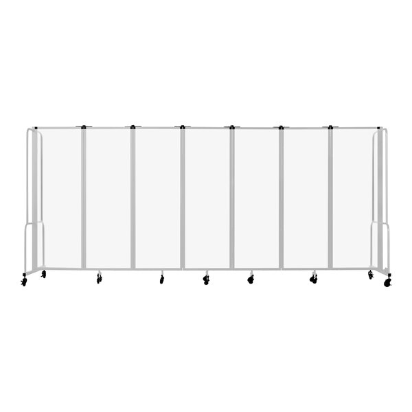 A white National Public Seating mobile room divider with gray wheels.