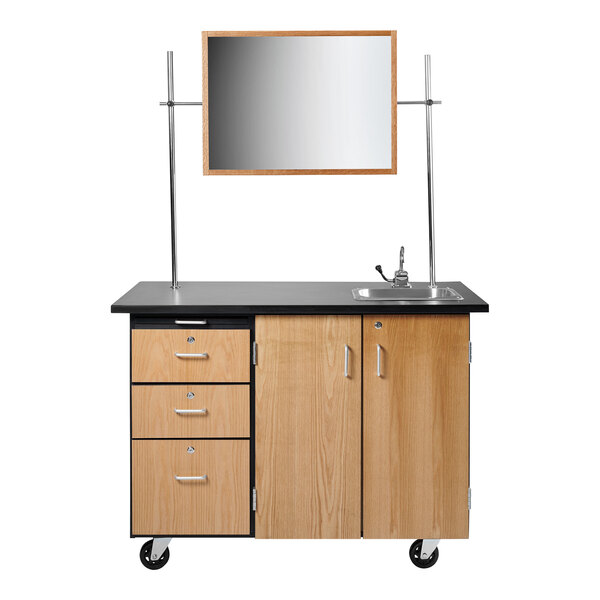 A National Public Seating mobile science cart with sink, mirror, and drawers.
