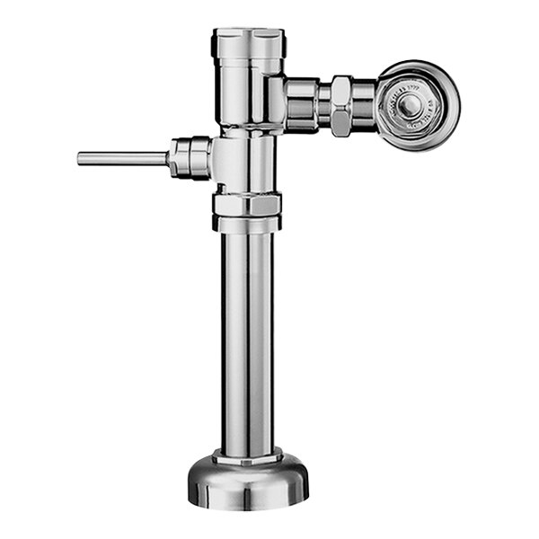 A Sloan polished chrome water closet flushometer with a metal pipe and handle.