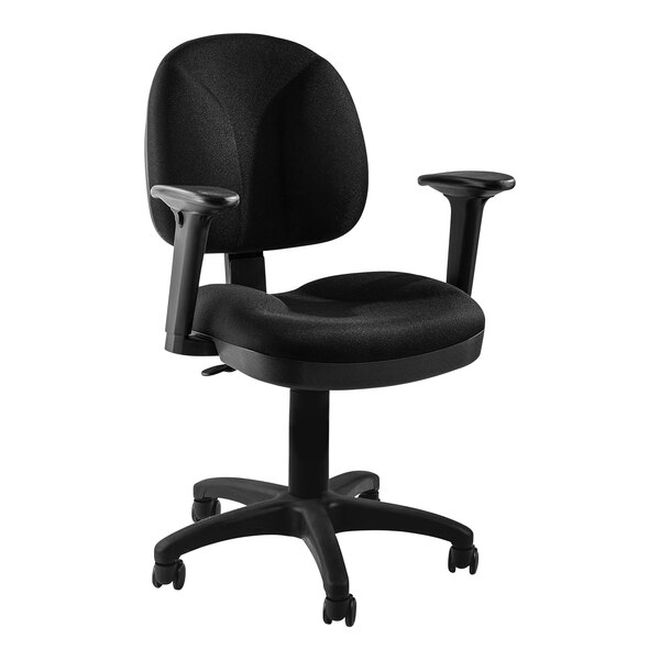 A black National Public Seating office chair with black arms and wheels.