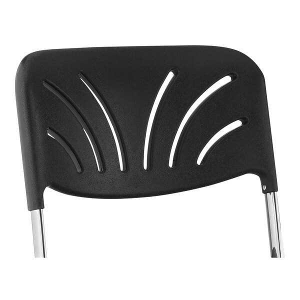A black polypropylene backrest for a chair with a metal frame.