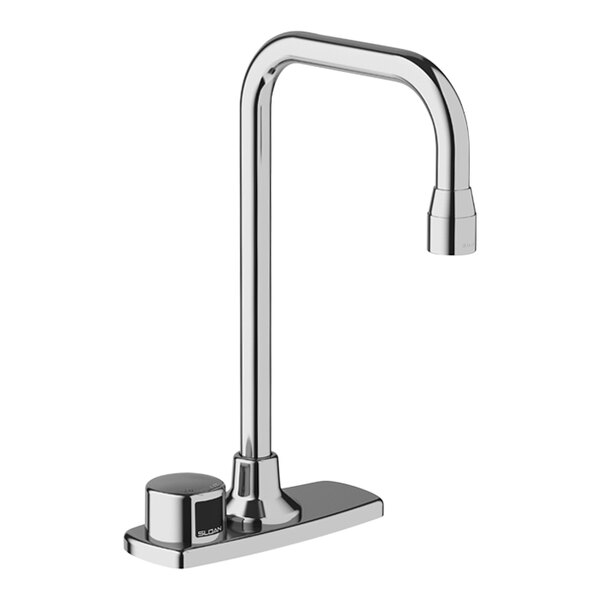 A Sloan polished chrome hands-free sensor faucet with a long gooseneck pipe.