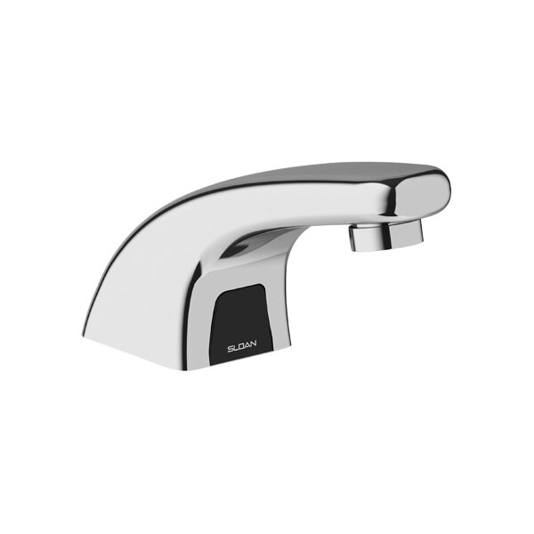 A Sloan Optima deck mount sensor faucet with a chrome finish and black button.