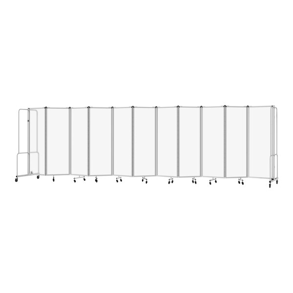 A frosted acrylic National Public Seating mobile room divider with a gray frame and black wheels.