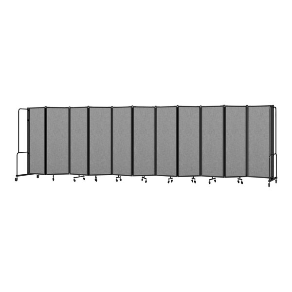 A National Public Seating mobile room divider with 11 gray panels on wheels with a black frame.
