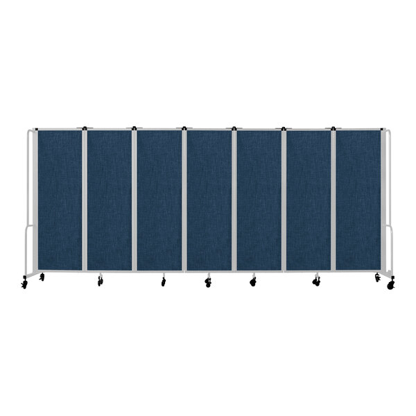 A National Public Seating blue mobile room divider with 7 panels and gray frame.