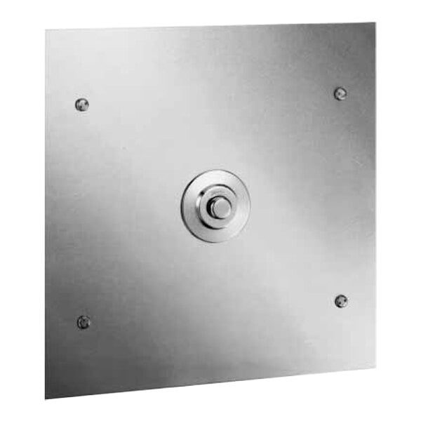 A silver metal Sloan wall box assembly with a round metal button.