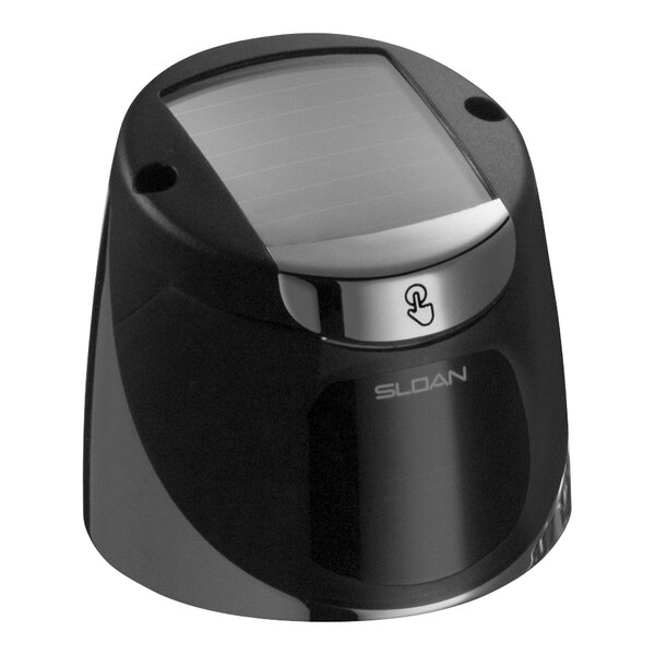 A black and silver Sloan electronic single-button flush cover assembly with a solar panel.