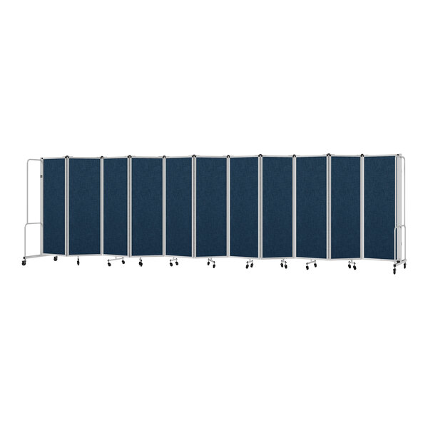 A National Public Seating blue mobile room divider with gray frame and 11 panels.