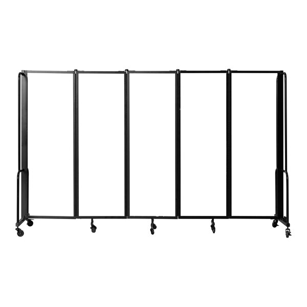 A black metal room divider with wheels.