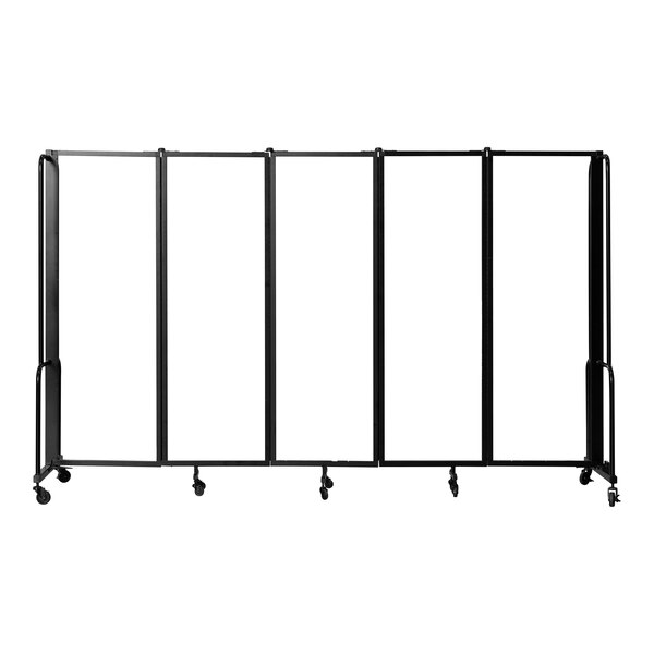 A white metal National Public Seating room divider with a black frame and wheels.