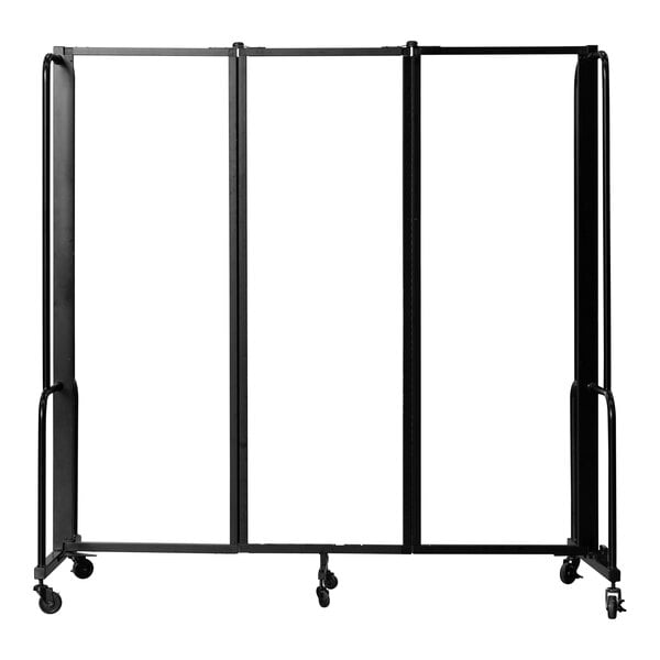 A black metal partition with wheels.