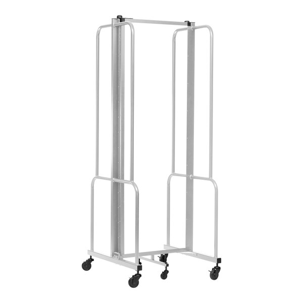 A silver metal National Public Seating Robo room divider with wheels.