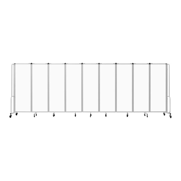 A white National Public Seating mobile room divider with gray frame and black wheels.