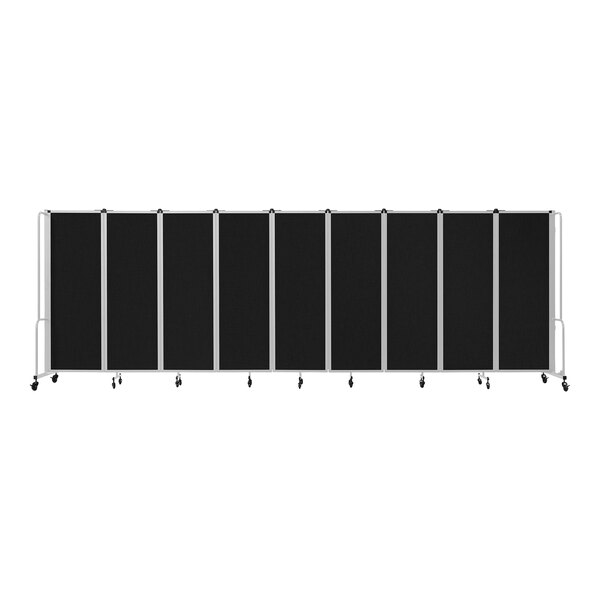 A black National Public Seating mobile room divider with gray rectangular panels and wheels.