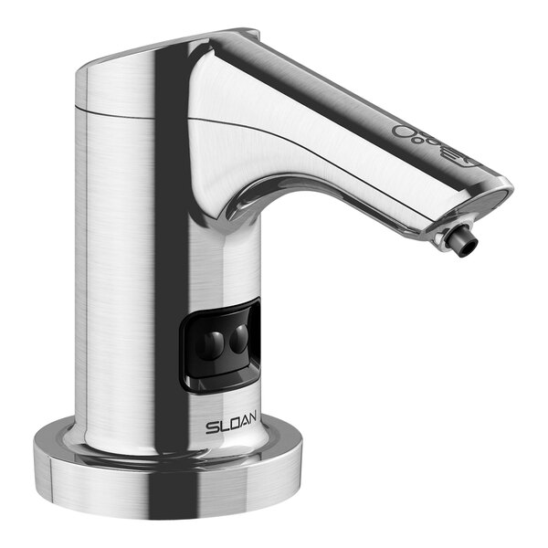 A Sloan brushed stainless steel deck mount foam soap dispenser with a black button.