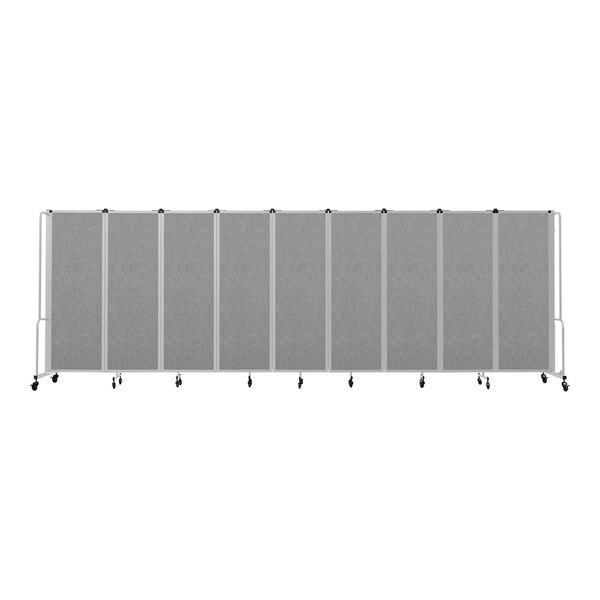 A gray National Public Seating room divider with 9 panels on wheels.