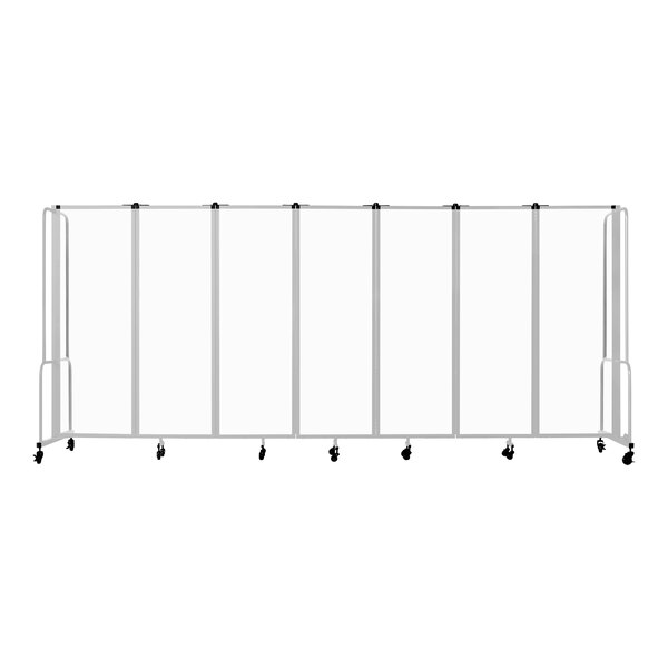 A gray metal mobile room divider with clear acrylic panels and wheels.