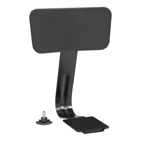 A black metal backrest stand with a screw on it.