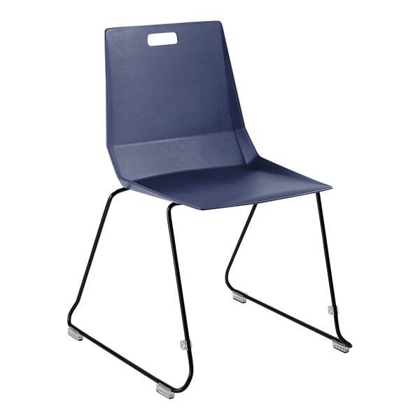 A National Public Seating blue polypropylene chair with black legs.