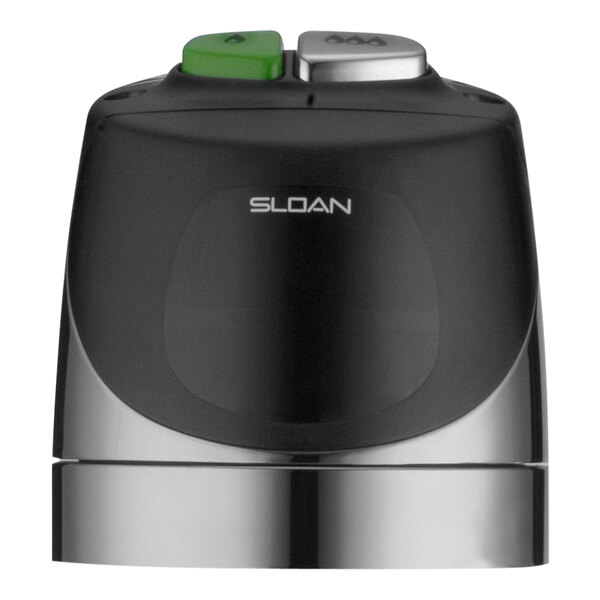 A black and silver Sloan ECOS dual flush sensor retrofit kit with a green button.