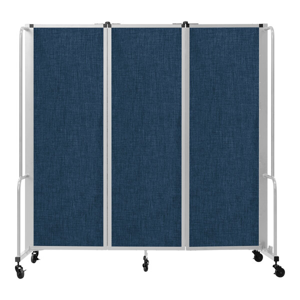 A National Public Seating Robo room divider with blue fabric panels and a gray metal frame on wheels.
