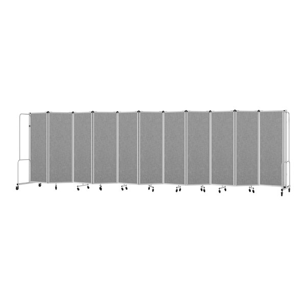 A National Public Seating grey room divider with 11 panels on wheels.