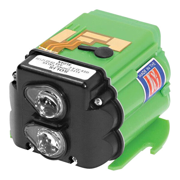 A green and black Sloan Solis electronic control module with two lights.