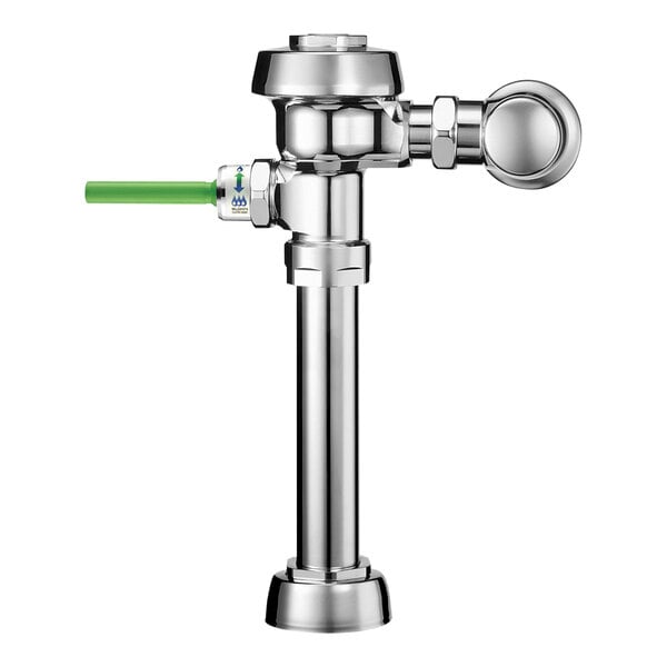 A Sloan chrome plated exposed dual flush water closet flushometer with a green and white top spud.