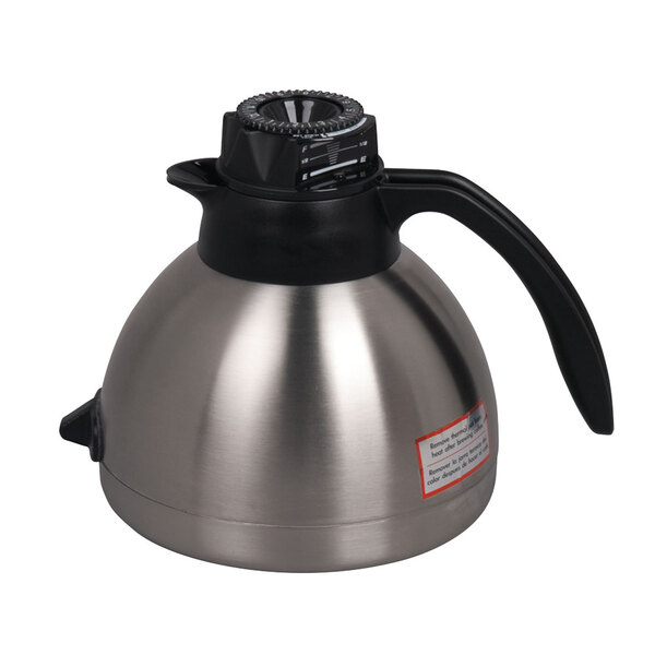A silver stainless steel Bunn coffee carafe with a black handle.