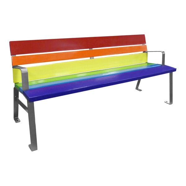 A Paris Site Furnishings Pride Rainbow park bench with metal legs.