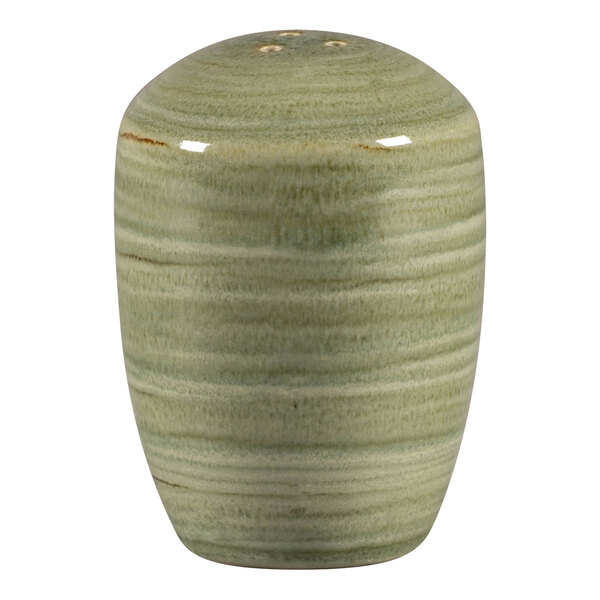 A RAK Porcelain green ceramic salt shaker with a round shape.