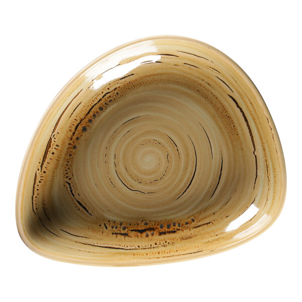 A garnet porcelain deep plate with a spiral design on it.