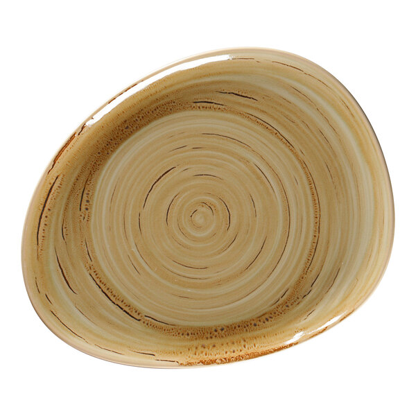 A garnet porcelain flat plate with a spiral design on it.