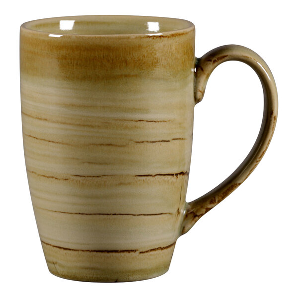 A brown and white RAK Porcelain mug with a handle.