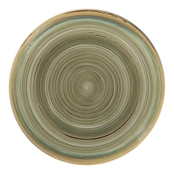 A close up of a RAK Porcelain green and brown circular coupe plate.