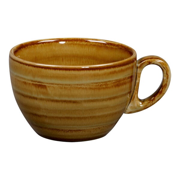 A brown porcelain coffee cup with a handle.