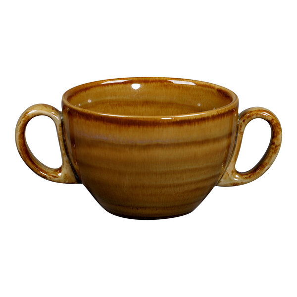 A brown porcelain cup with two handles on a white background.
