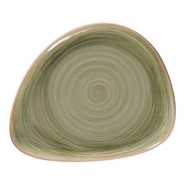 A green RAK Porcelain flat plate with a spiral pattern in the center.