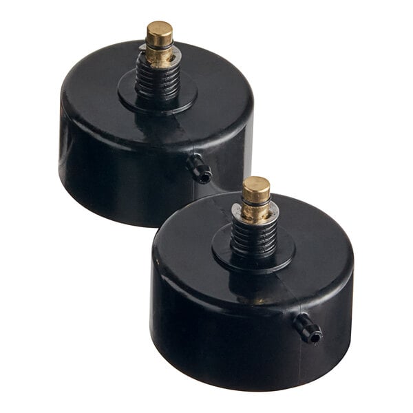 A black plastic cylinder with gold screws on each end, containing two black plastic pistons.