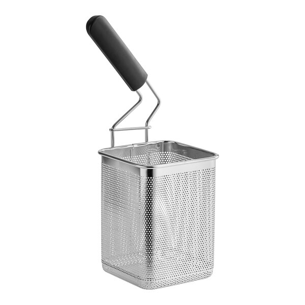 An Avantco stainless steel mesh pasta basket with a handle.