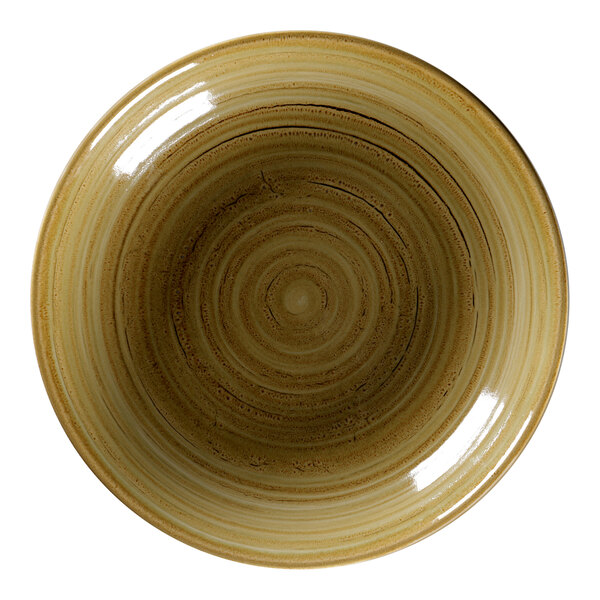 A garnet RAK Porcelain deep coupe plate with a spiral design on it.