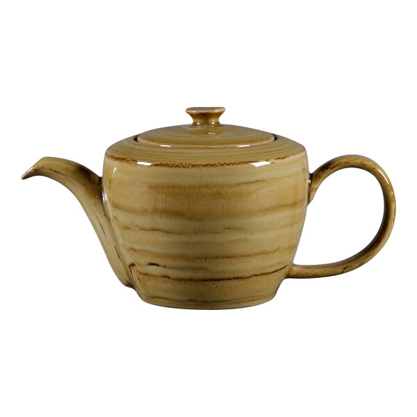A RAK Porcelain garnet ceramic teapot with a lid.