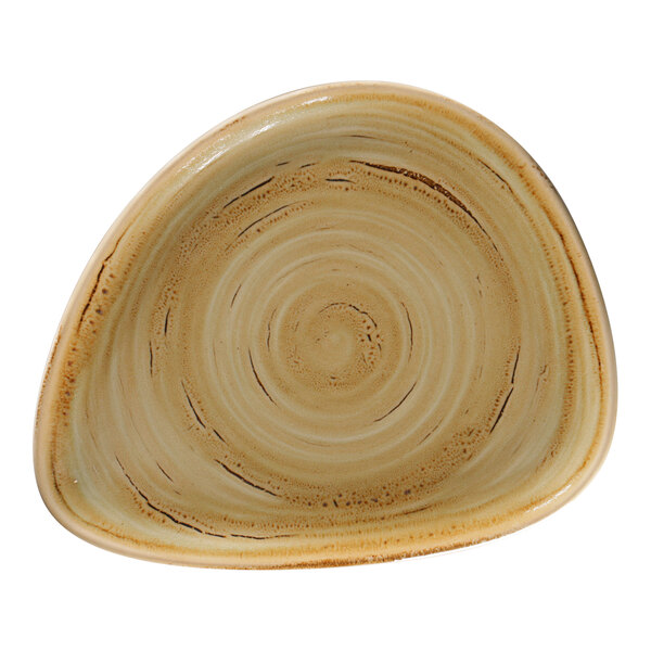 A RAK Porcelain garnet flat plate with a spiral design on it.