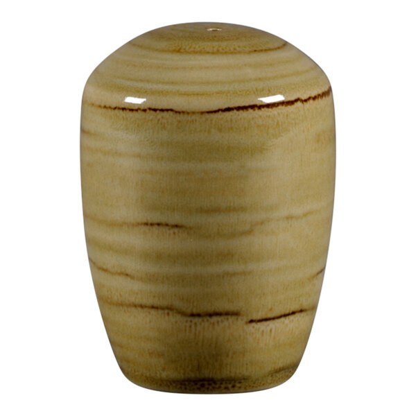 A close up of a RAK Porcelain garnet salt shaker with a brown and tan design.