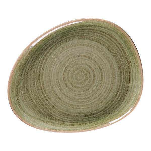 A RAK Porcelain emerald green flat plate with a spiral pattern.