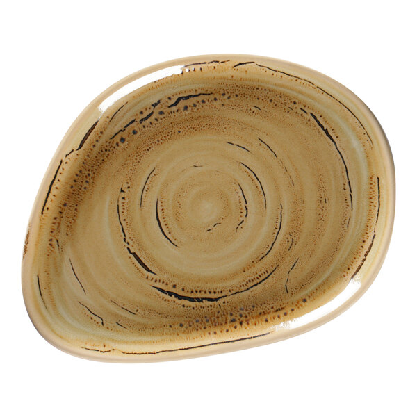 A brown RAK Porcelain flat plate with a spiral pattern in white.