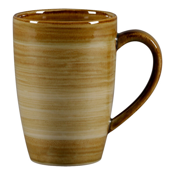 A brown porcelain mug with a handle.