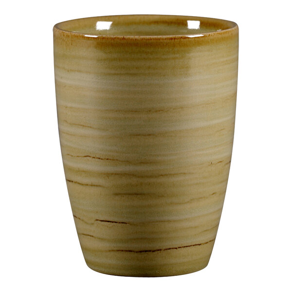 A garnet RAK Porcelain mug with a wood grain design.